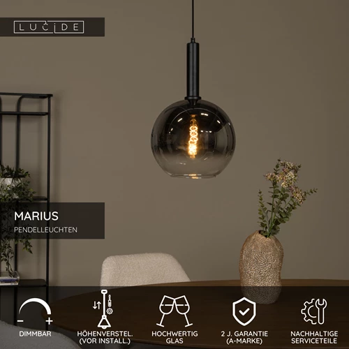 Lucide MARIUS - Pendelleuchten - Ø 30 cm - 1xE27 - Schwarz - USP